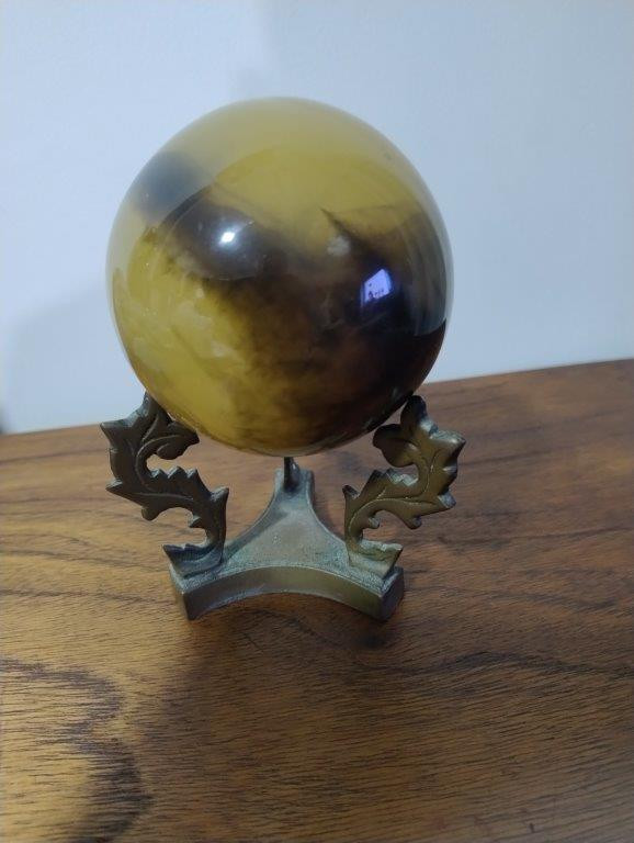 Rara Esfera Maciça De Ágata Paisagem Natural De Grande Porte + Pedestal Vintage Em Latão Ornamentado. — foto 3