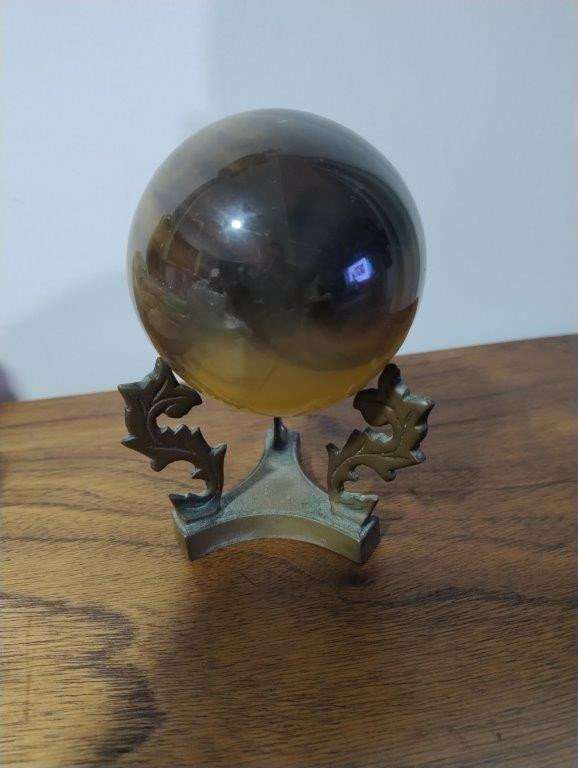 Rara Esfera Maciça De Ágata Paisagem Natural De Grande Porte + Pedestal Vintage Em Latão Ornamentado. — foto 1